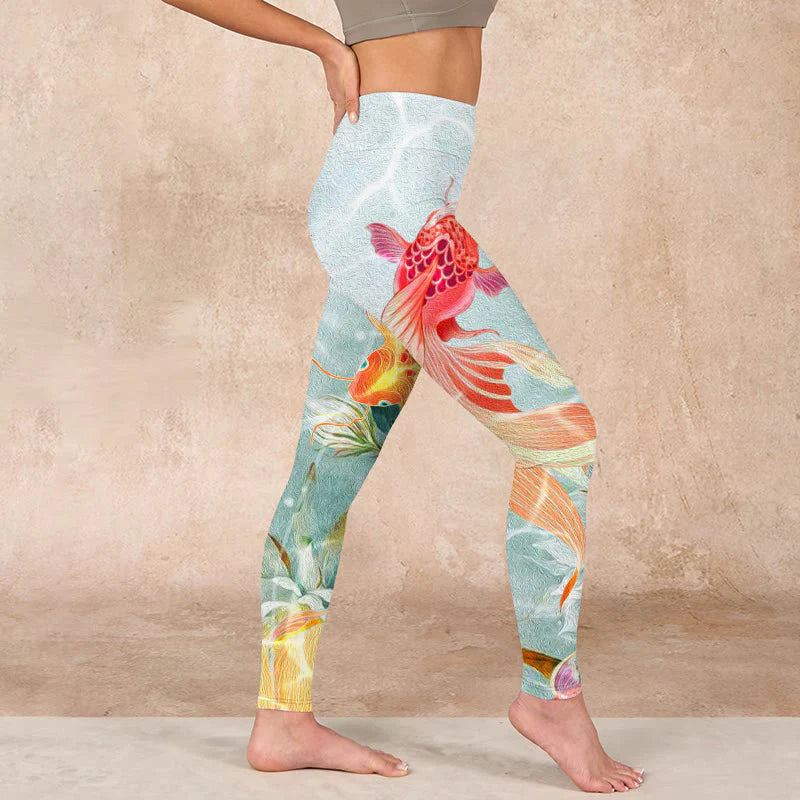 Buddha Stones Green Koi Fish White Lotus Water Ripples Print Gym Leggings Women's Yoga Pants