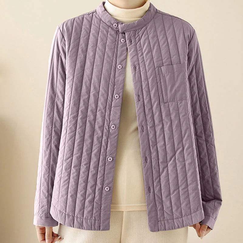 Buddha Stones Women's Stand Collar Simple Design Long Sleeve Thermal Cotton Jacket With Pocket