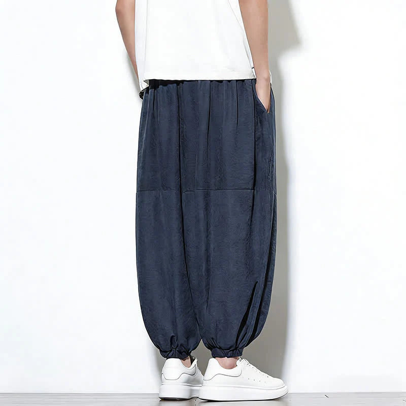 Buddha Stones Spring Solid Color Drawstring Cropped Men's Harem Cotton Pants With Pockets