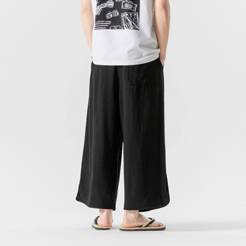 Buddha Stones Summer Plain Drawstring Design Linen Cotton Men's 7-8 Length Pants With Pockets