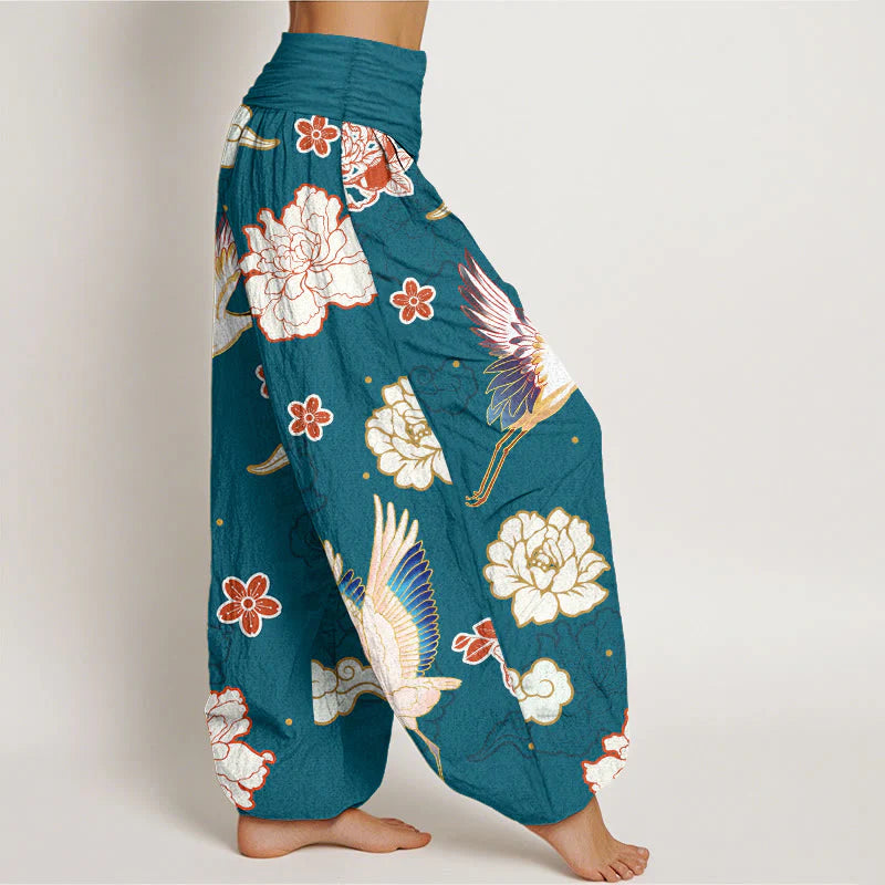 Buddha Stones Print Cranes Peonies Pattern Women's Elastic Waist Harem Pure Cotton Pants