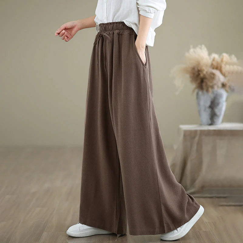 Buddha Stones Women's Pure Color Drawstring Cotton Linen Wide Leg Ankle-Length Pants With Pockets