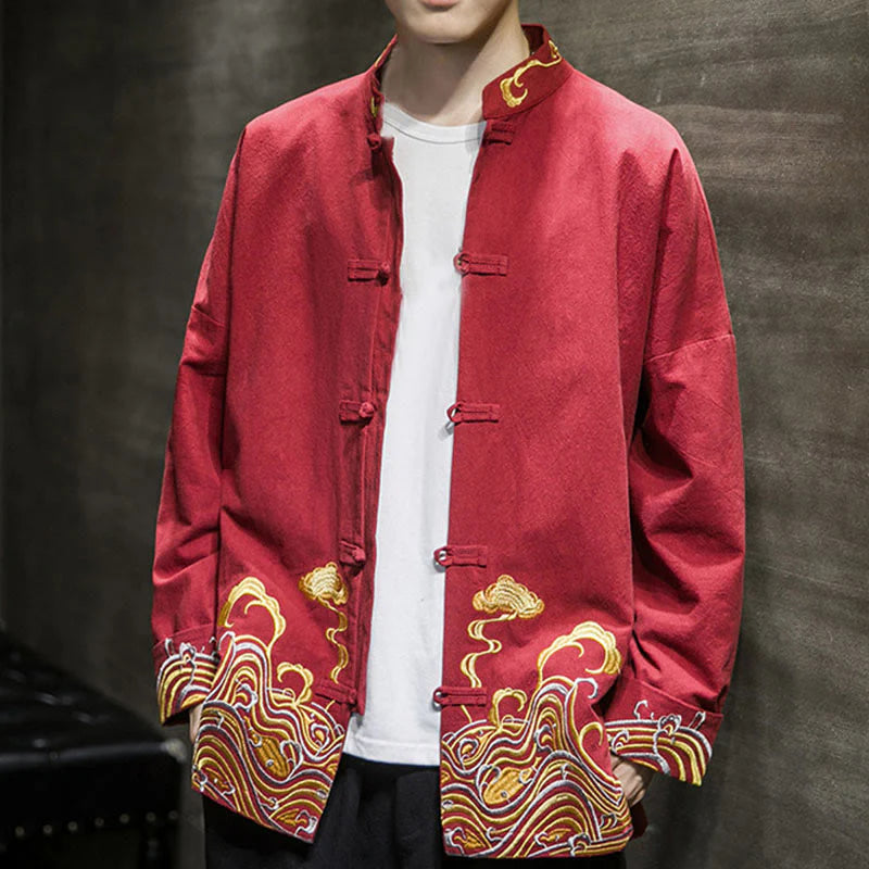 Buddha Stones Embroidered Clouds Frog-Button Long Sleeve Men's Cotton Tang Suit Jacket