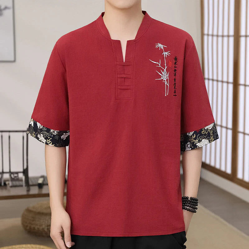 Buddha Stones Summer Embroidery Bamboo Pattern Patchwork Design Men's Half Sleeve Cotton Linen T-Shirt