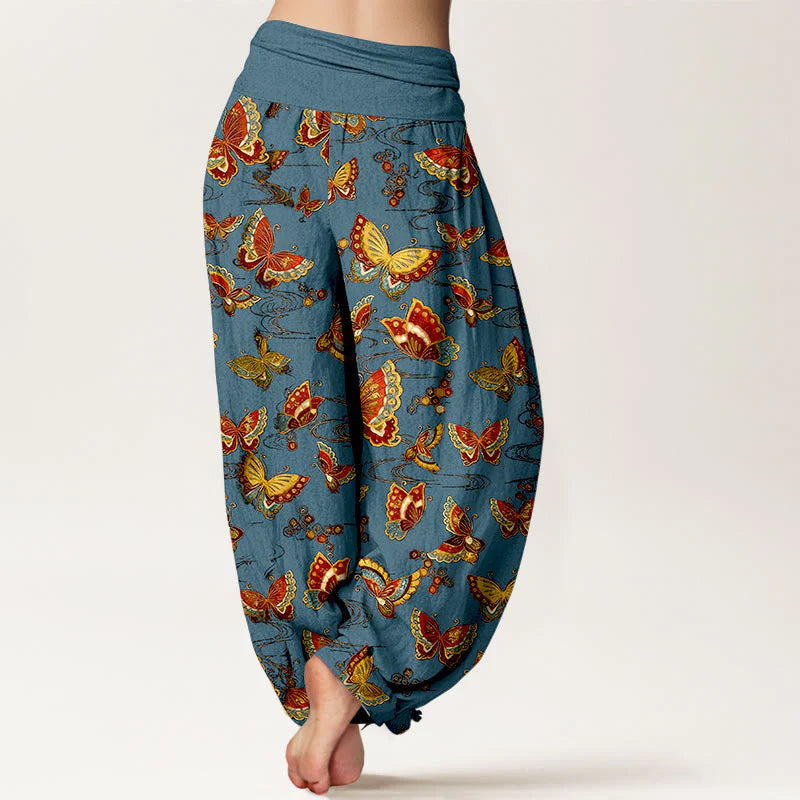 Buddha Stones Cotton Colorful Butterfly Pattern Women's Elastic Waist Harem Pants