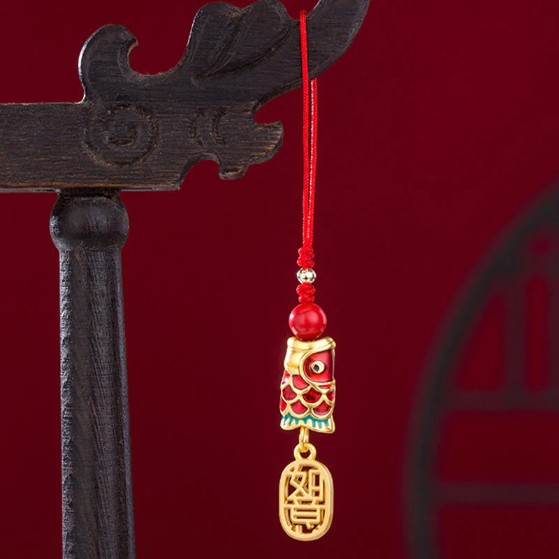 Buddha Stones Koi Fish Cinnabar Attracting Wealth Wish Ruyi Charm Luck Phone Hanging Decoration