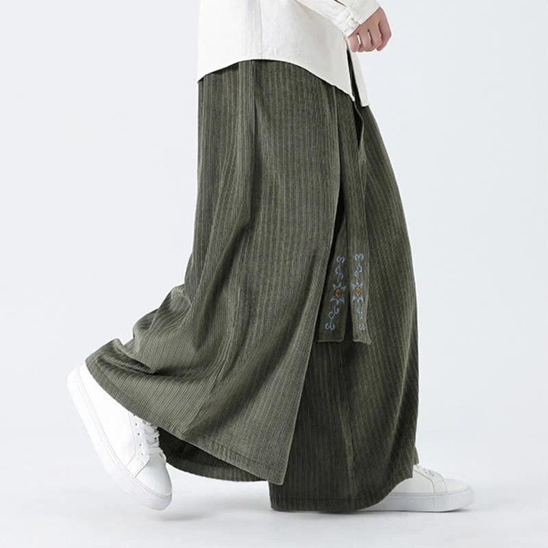 Buddha Stones Casual Embroidery Drawstring Design Men's Corduroy Wide Leg Pants With Pockets