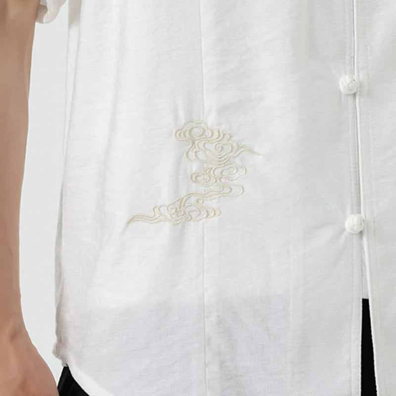 Buddha Stones Embroidery Buttons Half Sleeve Design Stand Collar Men's Cotton Shirt