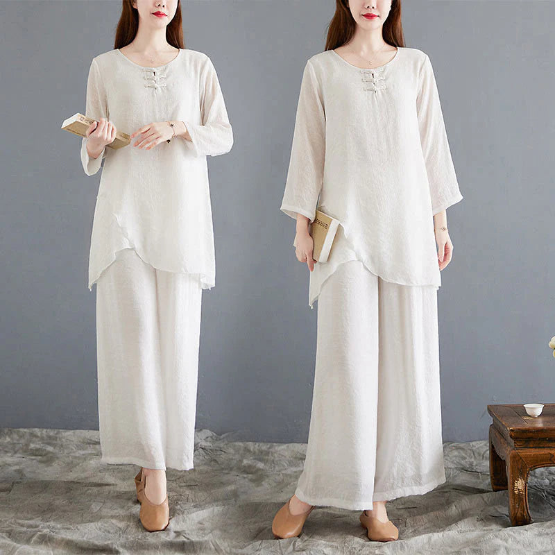 Buddha Stones 2Pcs Beige Chinese Frog-Button Design Long Sleeve Shirt Top Pants Meditation Zen Tai Chi Cotton Linen Clothing Women's Set