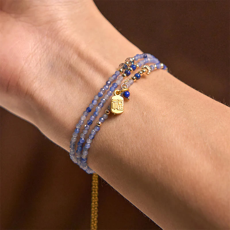 Buddha Stones 3mm Ultra-thin Beads Natural Lazurite Triple Wrap Fu Character Positive Bracelet