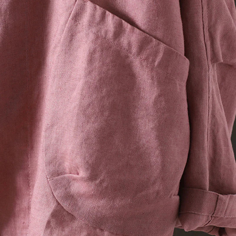Buddha Stones Pure Color V-neck Women's Cotton Jacket With Pockets