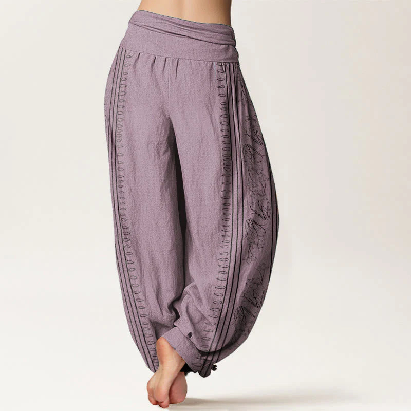 Buddha Stones Pure Cotton Dharma Wheel Lotus OM Pattern Women's Elastic Waist Harem Pants
