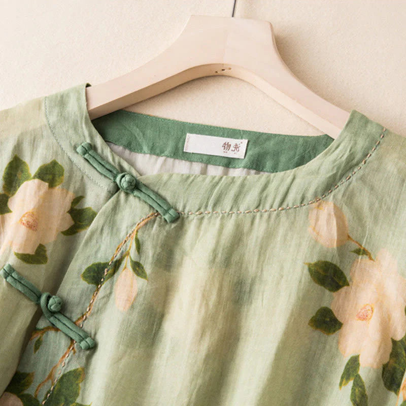 Buddha Stones Lightgreen Casual Artistic Printing Flower Pattern Chinese Frog-Button Design Women's Cotton Linen Long Sleeve Shirt Cardigan