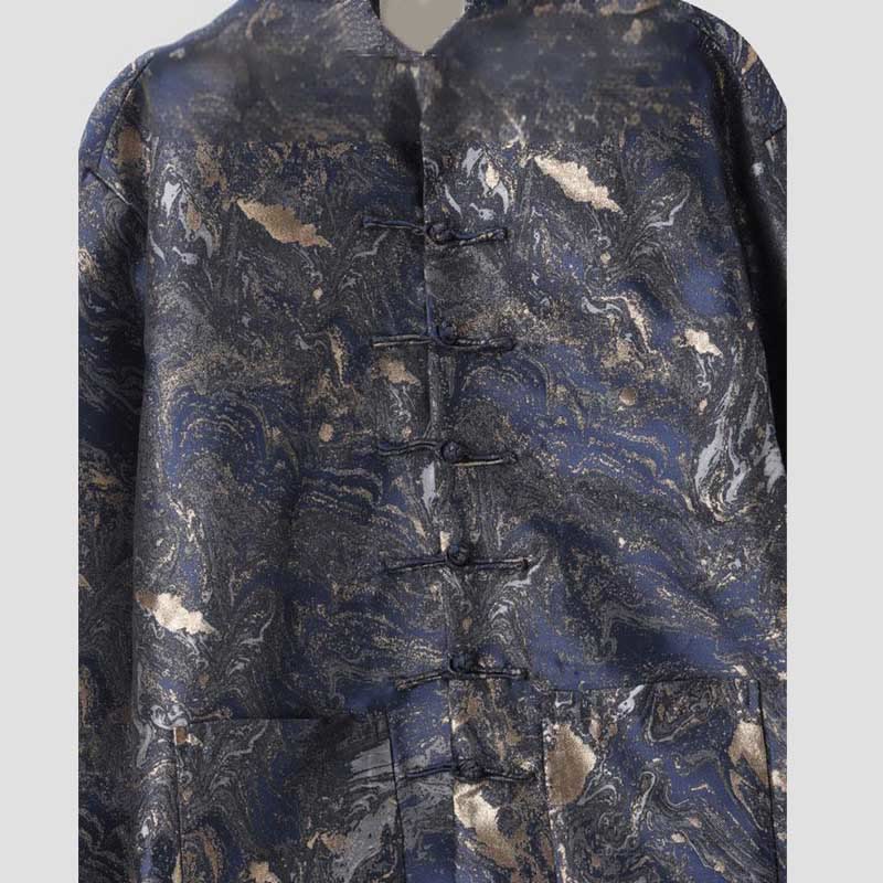 Buddha Stones Blue Flowing Water Mountains Frog-Button Long Sleeve Men's Jacket With Pockets