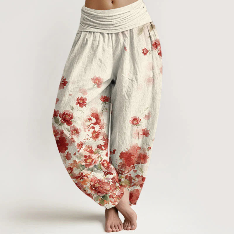 Buddha Stones Cotton Camellia Peony Blossom Pattern Women's Elastic Waist Harem Pants