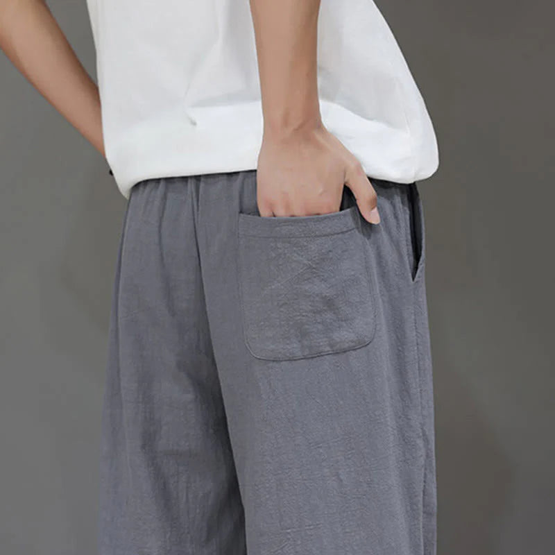 Buddha Stones Summer Men's Cotton Linen Straight Leg Pants With Pockets
