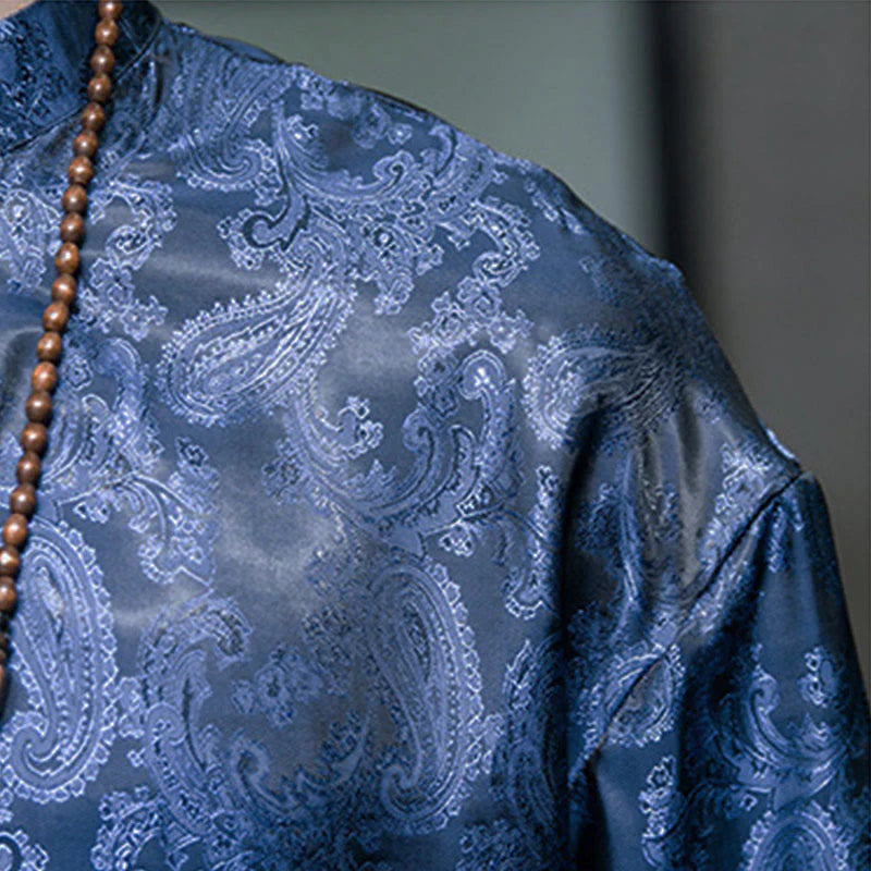 Buddha Stones Summer Cashew Flowers Pattern Men's Frog-Button Half Sleeve Shirts