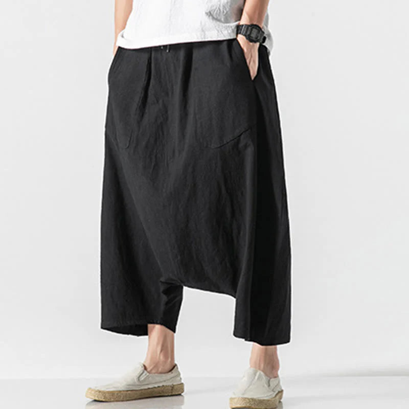 Buddha Stones Casual Low Crotch Design Drawstring Men's 7-8 Length Cotton Linen Wide Leg Pants With Pockets