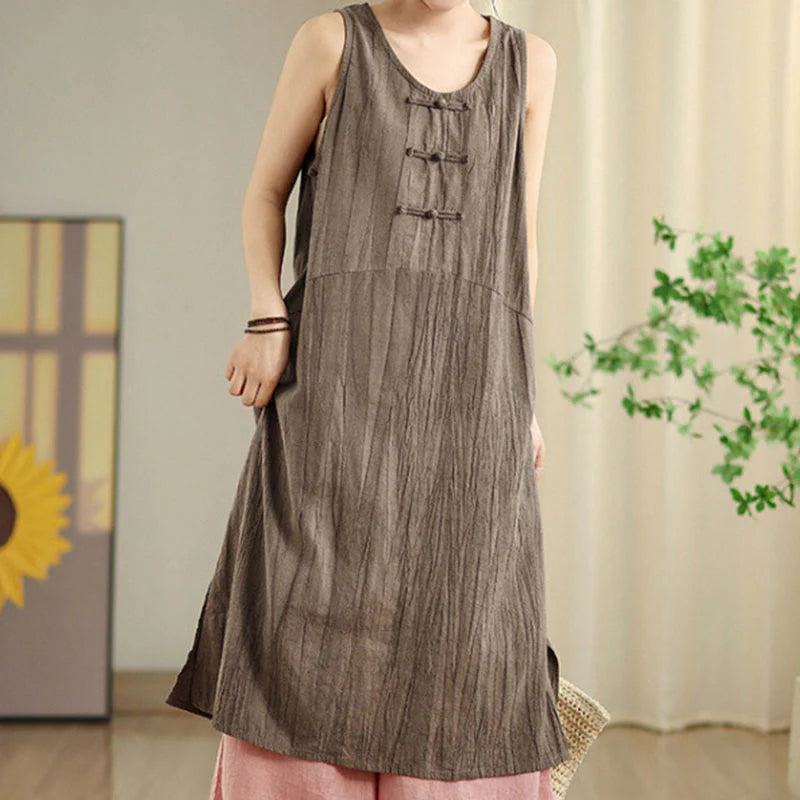 Buddha Stones Tie Dye Chinese Frog-Button RamieÂ Linen Sleeveless Midi Dress With Pockets
