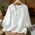 Buddha Stones Casual Women's Flowers Embroidery Pattern Frog-button Slanted Collar Design Three Quarter Sleeve Cotton Linen Shirt