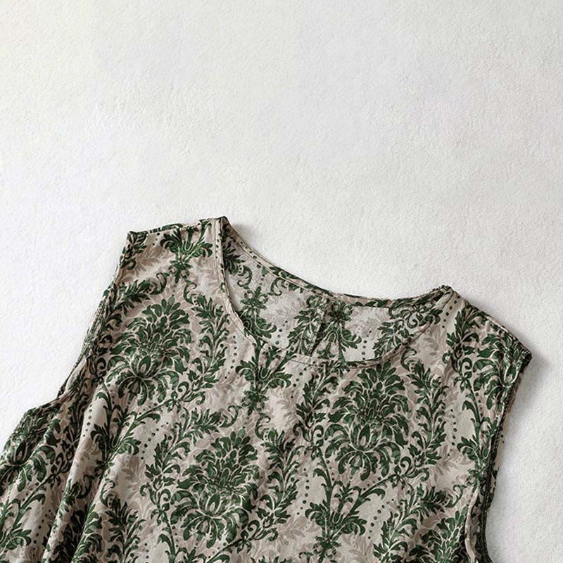 Buddha Stones Commute Summer Printing Simple Design Crew Neck Sleeveless Maxi Dress