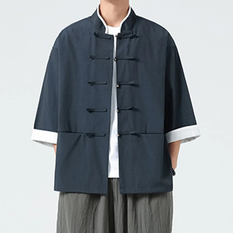 Buddha Stones Spring Solid Color Three Quarter Sleeve Tang Suit Men's Buttons Shirt With Pockets