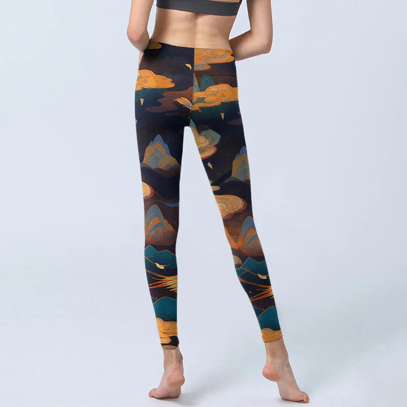 Buddha Stones Gorgeous Phoenix Cloud Mountain Pattern Print Gym Leggings Women's Yoga Pants