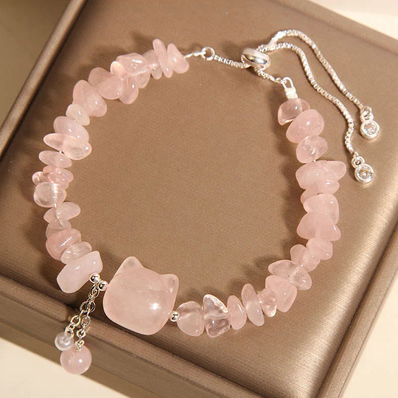 Buddha Stones Natural Pink Crystal Agate Gravel Stone Cat Head Soothing Bracelet