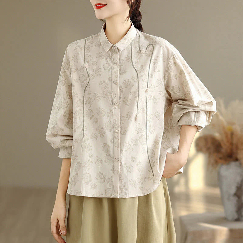 Buddha Stones Casual Embroidered Florals Women's Long Sleeve Polyester Shirt
