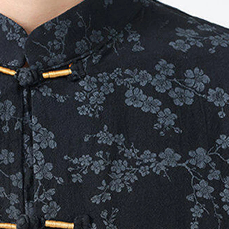 Buddha Stones Summer Peach Blossoms Pattern Chinese Frog-Button Cotton Linen Short Sleeve Men's Shirt