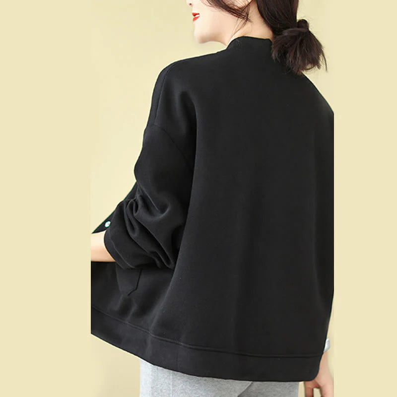 Buddha Stones Plain Women's Buttons Crew Neck Long Sleeve Cotton Jacket With Pockets