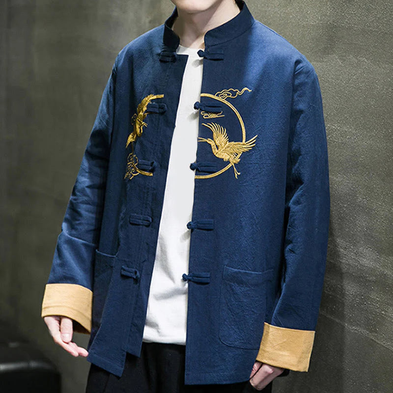 Buddha Stones Embroidery Cranes Pattern Frog-Button Men's Cotton Long Sleeve Jacket With Pockets
