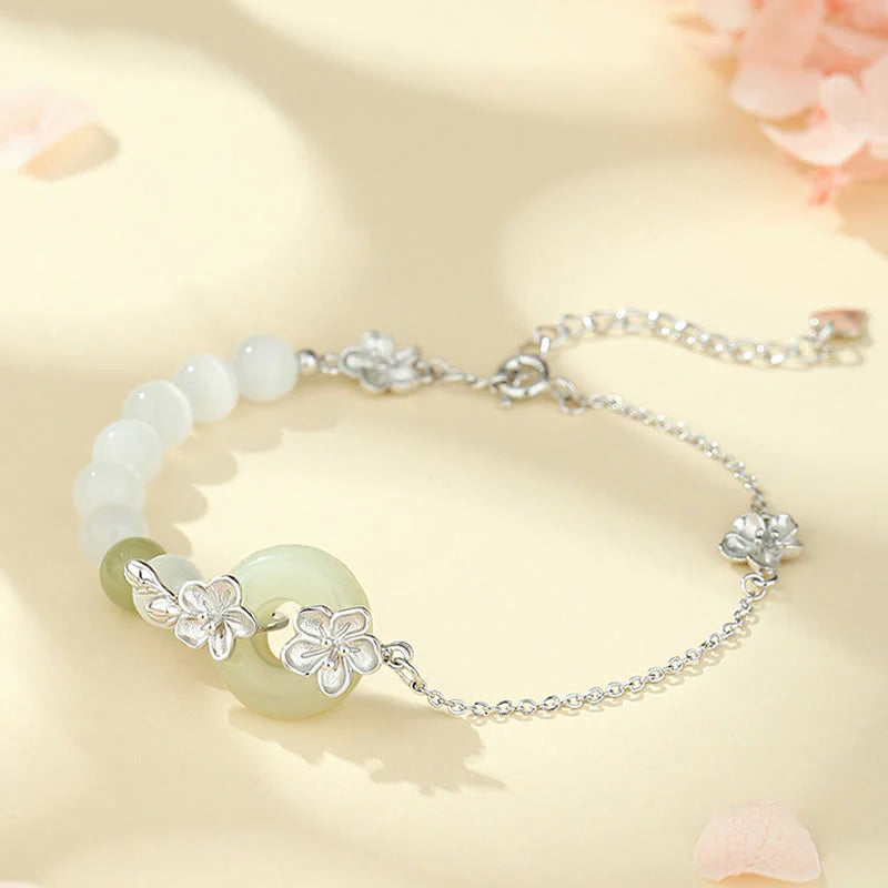 Buddha Stones 999 Sterling Silver Natural Hetian Jade Peace Buckle Peach Blossom Luck Bracelet