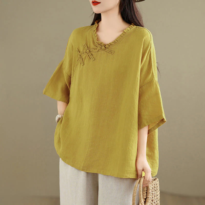 Buddha Stones Spring V-Neck Frog-Button Long Sleeve Plain Women's Cotton Shirt