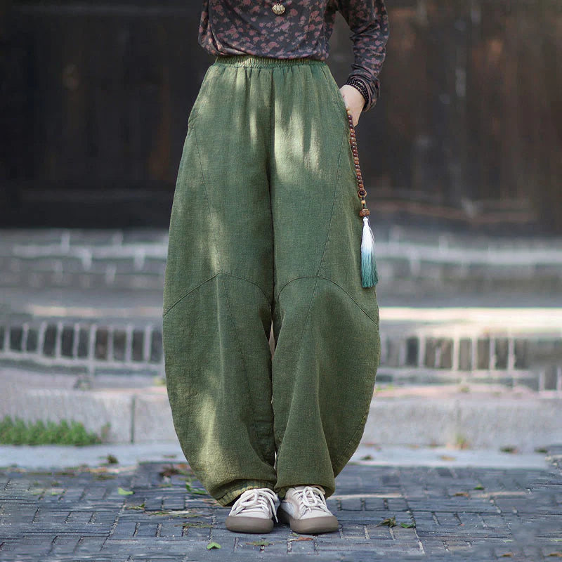 Buddha Stones Winter Elastic Waist Ramie Cotton Thermal Women's Pants With Pockets