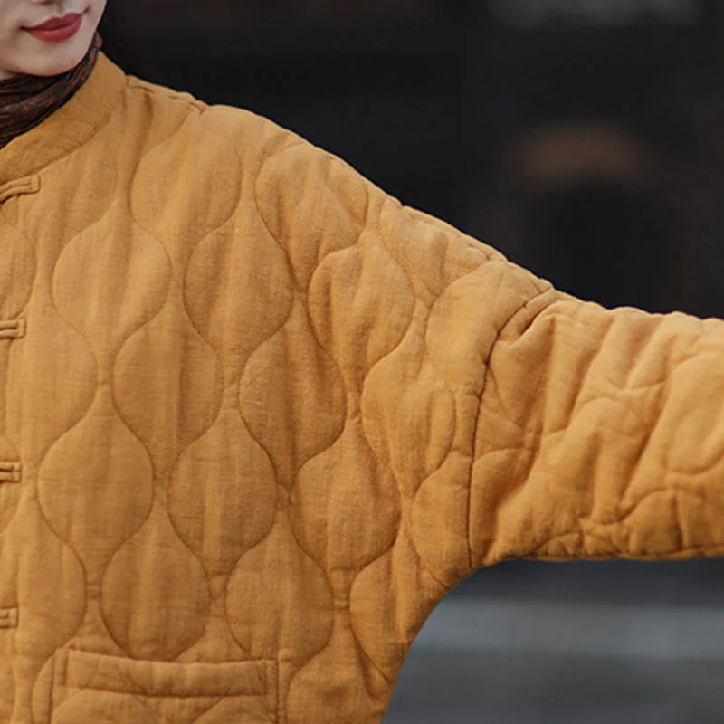 Buddha Stones Winter Curved Lines Frog-Button Ramie Cotton Long Sleeve Women's Thermal Jacket With Pockets
