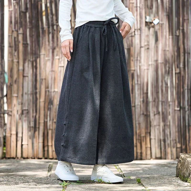 Buddha Stones Winter Chinese Frog-Button Design Corduroy Thermal Men's Wide Leg Pants With Pockets