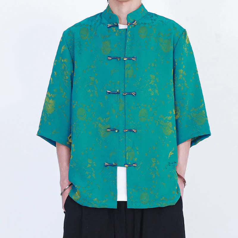 Buddha Stones Summer Vintage Elegant Mandarin Collar Gold Cloud Pattern Elbow Sleeve Men's Shirt