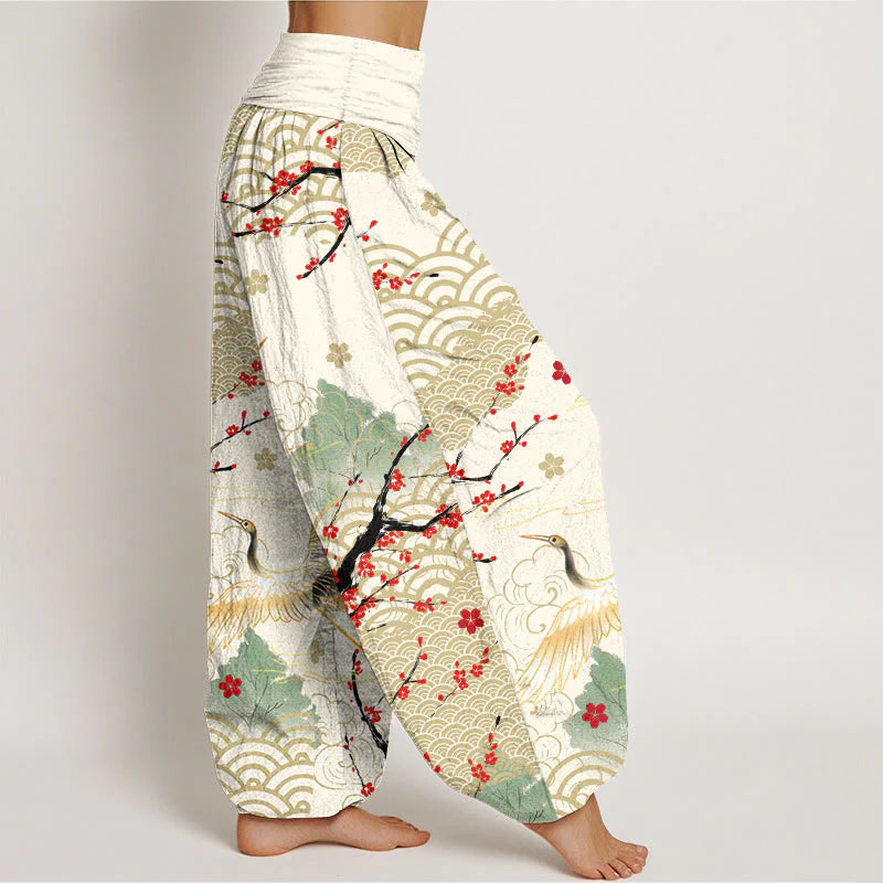 Buddha Stones Print Crane Auspicious Clouds Flowers Pattern Women's Elastic Waist Harem Cotton Pants