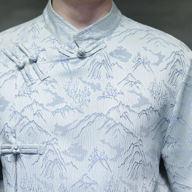 Buddha Stones Summer Mountain Pattern Jacquard Chinese Frog-Button Cotton Short Sleeve Men's Shirt