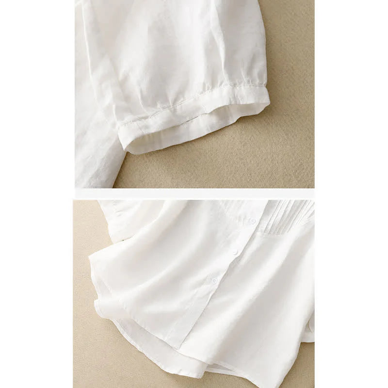 Buddha Stones Spring Pleated Pintuck Peter Pan Collar Half Sleeve Women's Shirt