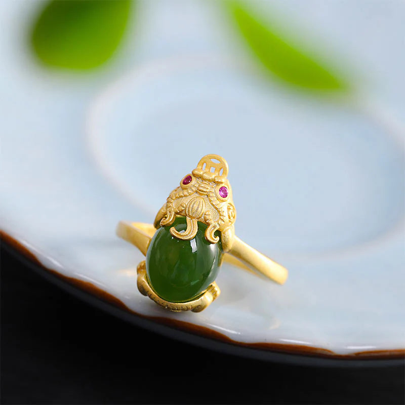 Buddha Stones 18k Gold-plated Pixiu Jade Wealth Ring (Extra 35% Off | USE CODE: FS35)