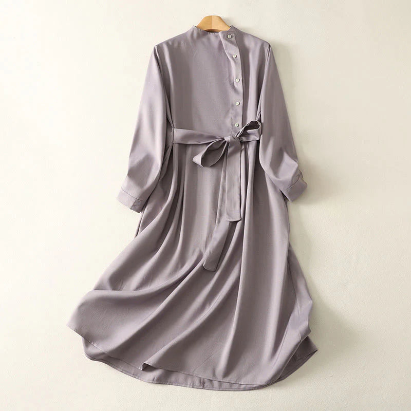 Buddha Stones Plain Lace-up Long Sleeve Half Buttons Design High Neck Women's Cotton Midi Dress With Pockets