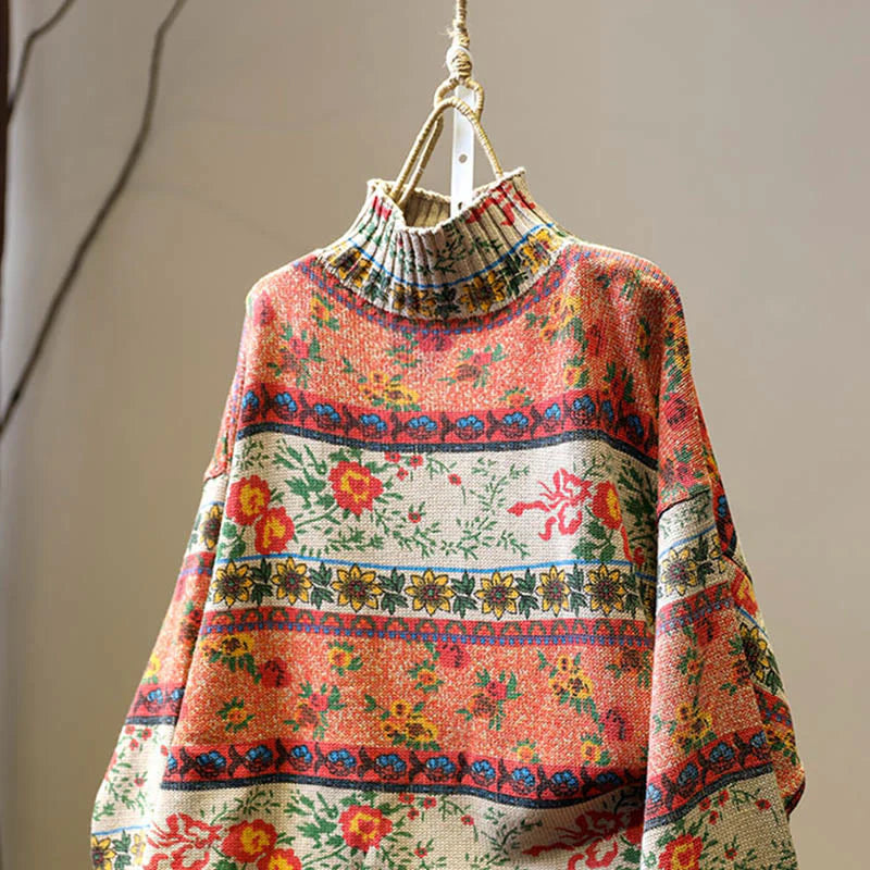 Buddha Stones Winter Color-block Flower Pattern Mock Neck Long Sleeve Women's Cotton Sweater