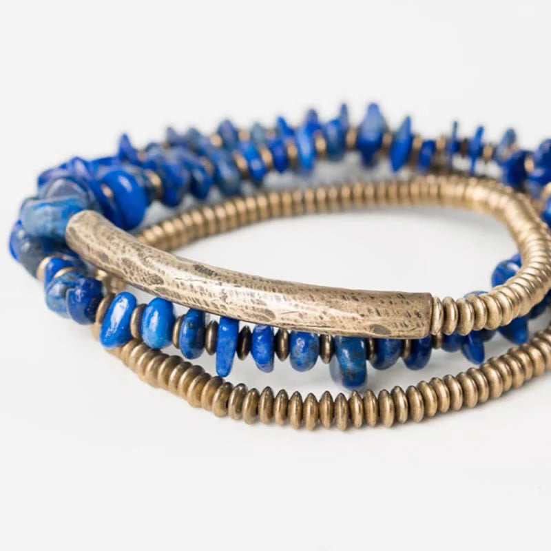 Buddha Stones Irregular Shape Triple Wrap Lazurite Balance Bracelet