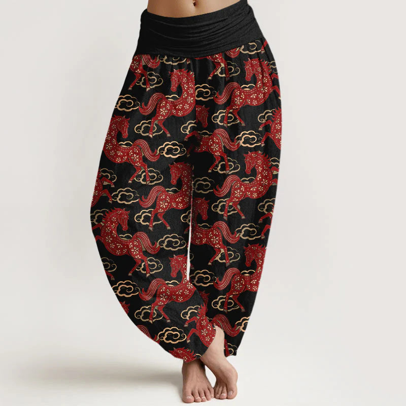 Buddha Stones Cotton Gorgeous Horse Cloud Pattern Women's Elastic Waist Harem Pants