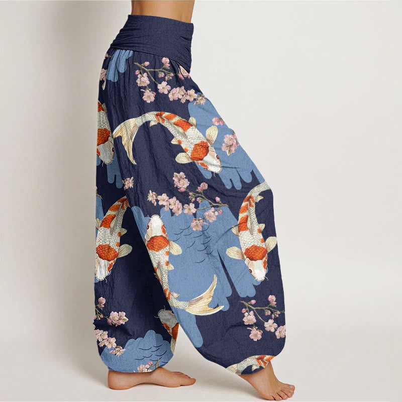 Buddha Stones Cotton Casual Koi Fish Cherry Blossom Pattern Women's Elastic Waist Harem Pants