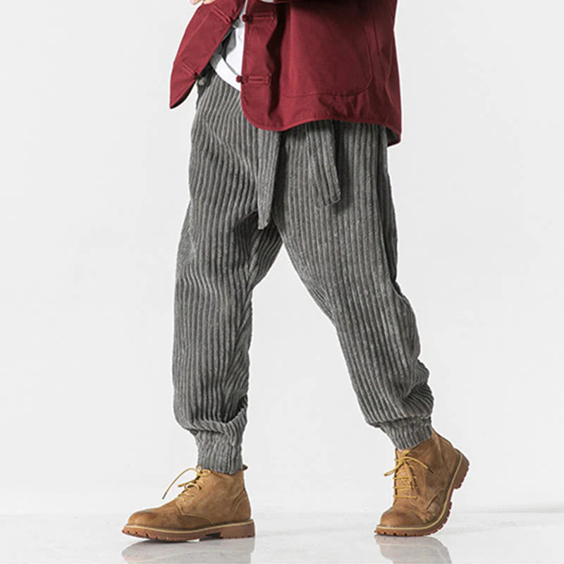 Buddha Stones Winter Solid Color Men's Ankle-Length Corduroy Pants With Pockets