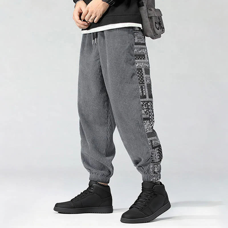 Buddha Stones Fall Solid Drawstring Side Paisley Pattern Straight Leg Ankle-length Corduroy Men's Pants With Pockets
