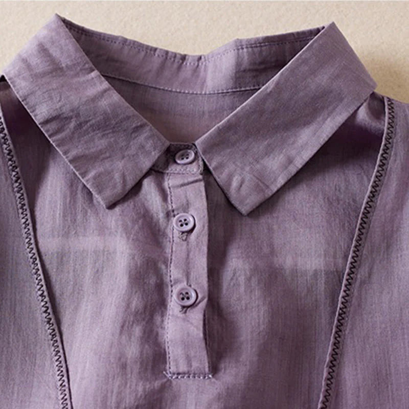 Buddha Stones Retro Plain Fake Two Pieces Button Half Sleeve Design Women's Cotton Linen Shirt